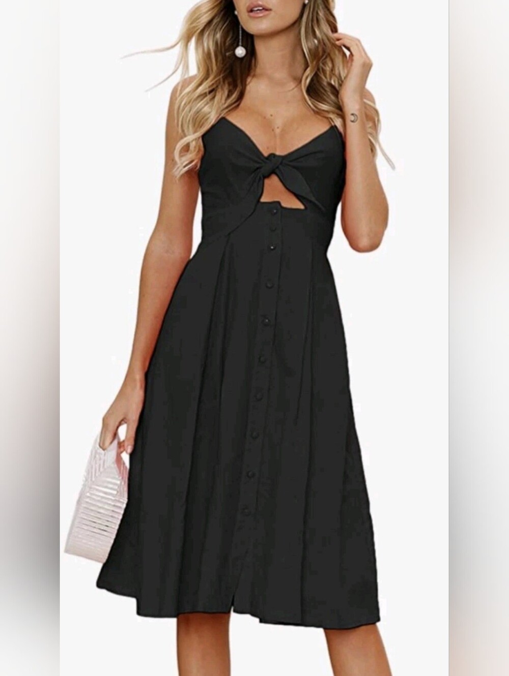 Express Tie Front Linen Blend Spaghetti Strap Button Down A-Line Black Dress S